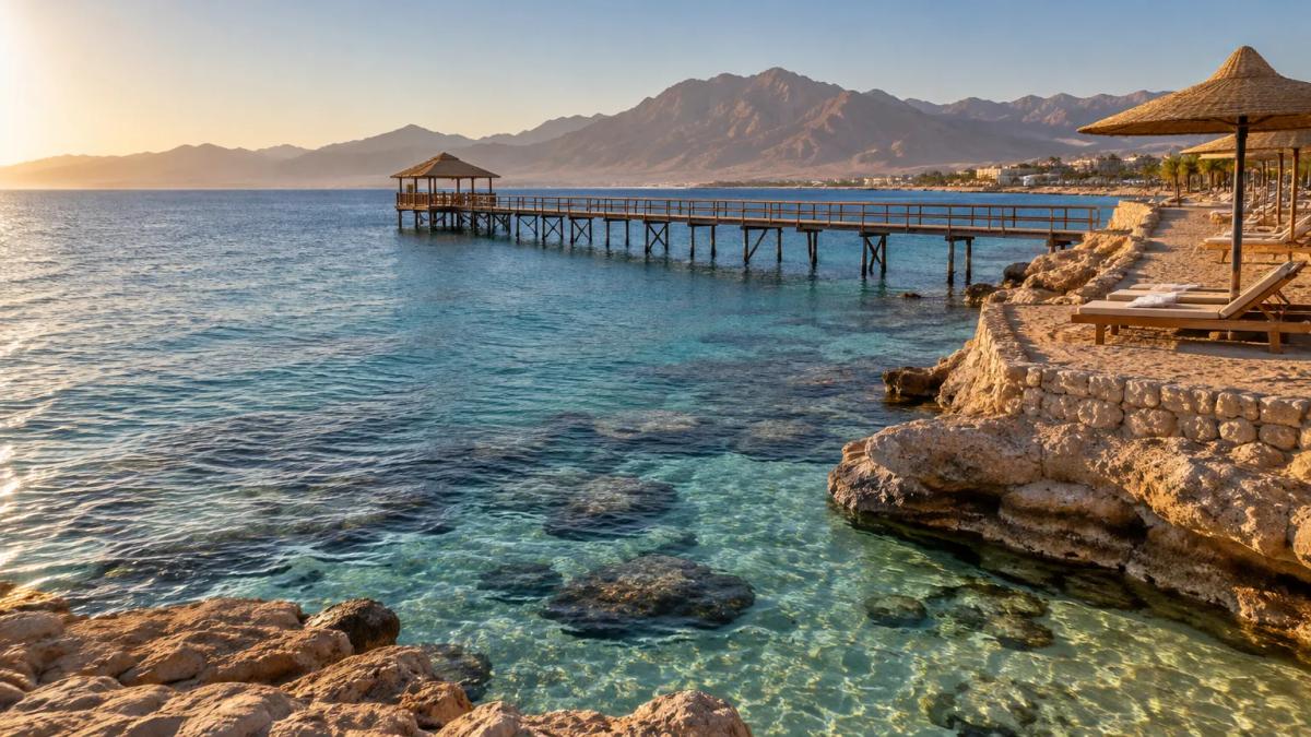 Красное море зимой: прозрачная вода у рифа, пирс и горы на горизонте