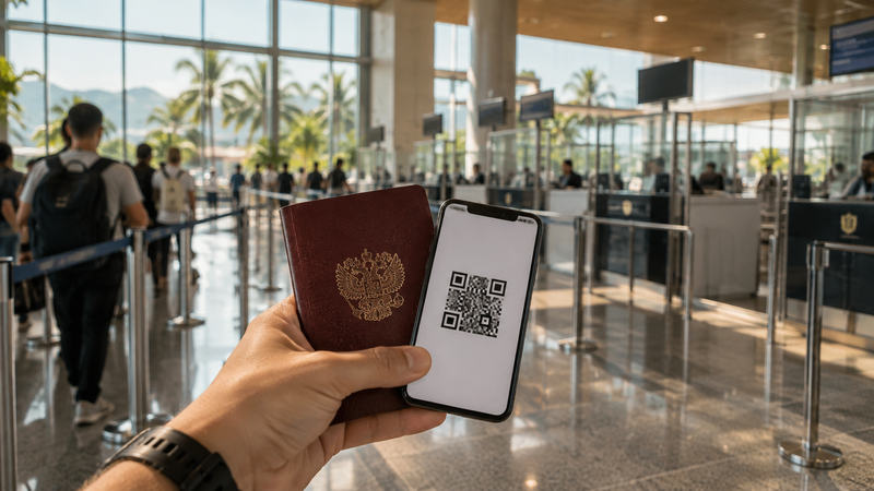 Турист в зале прилёта тропического аэропорта держит паспорт и телефон с QR-кодом, за окнами пальмы
